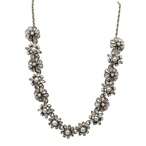 Floral Statement Necklace With Faux Pearls Clear Rhinestones By Loft - Picture 1 of 6